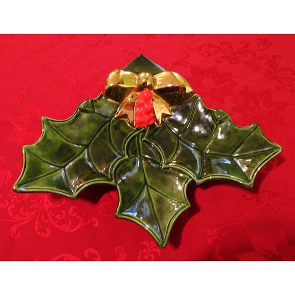 Vintage Ceramic Holly Serving Dish mcm Christmas candy dish retro 1970s - Picture 1 of 12